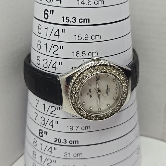 Womens Visage Silver Tone MOP Pave Crystal Quartz Date 30MM Watch New Battery - Picture 6 of 12